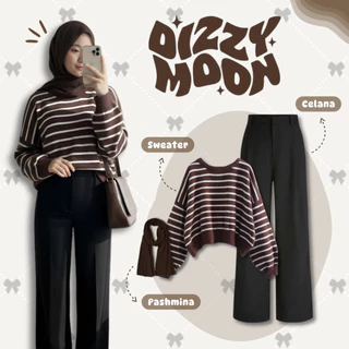 Setelan Wanita 3in1 Casual Simple | Sweater Shabira Stripe Rajut Coklat + Loose Pants Scuba Hitam + Hijab Pashmina Jersey Coklat | Outfit One Set Korean Style Hijab Kekinian Daily Wear - UC79