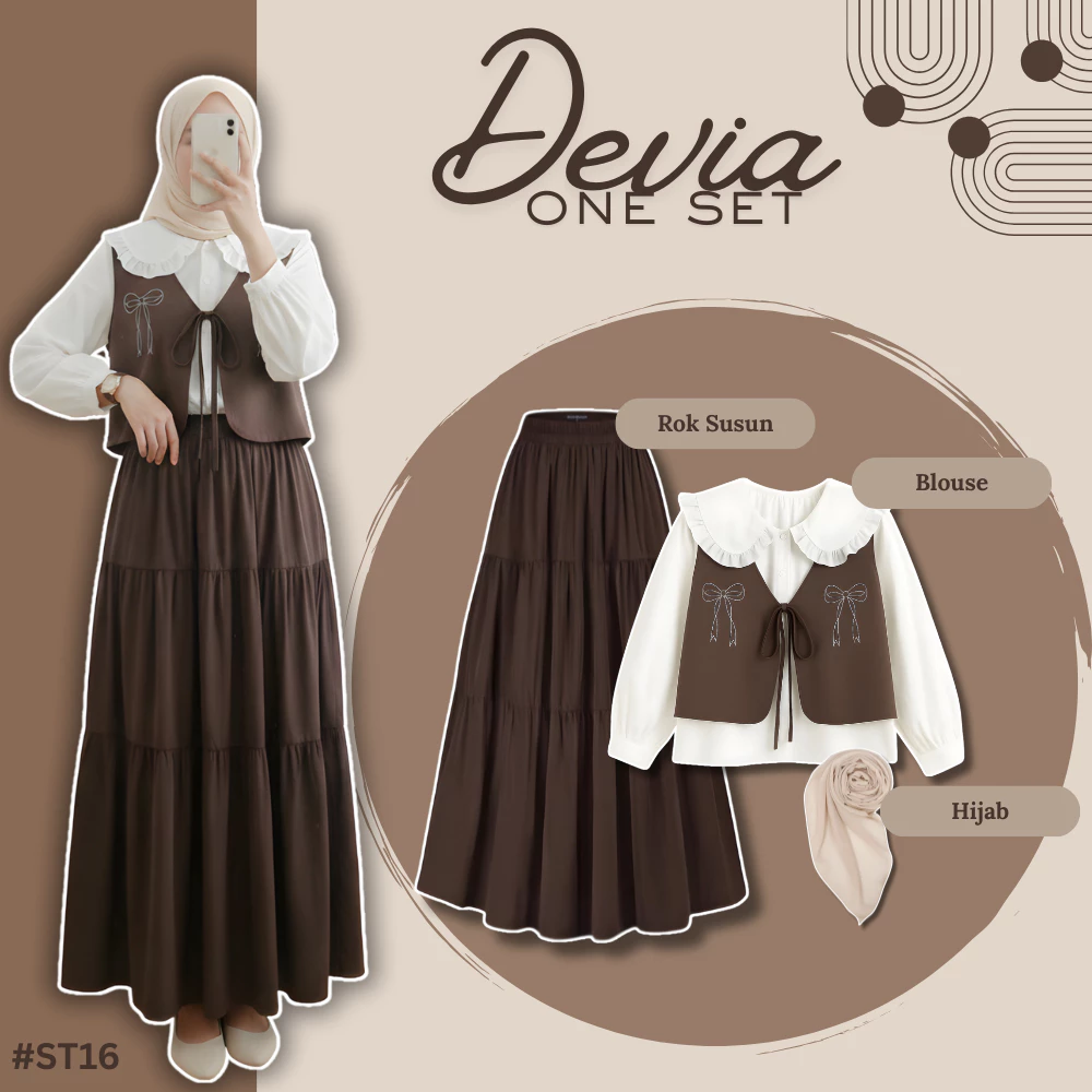 Setelan Wanita Remaja Kekinian 3IN1 | Devia Blouse, Rok Susun, Hijab Bella Square | Outfit Yearbook - ST16
