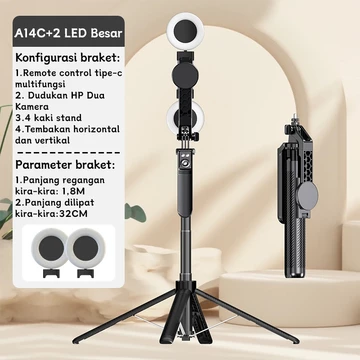 Tech 180CM Aluminium Selfie Stick Tongsis Tripod Bluetooth 4 Kaki Selfie Stick Untuk 2 HP