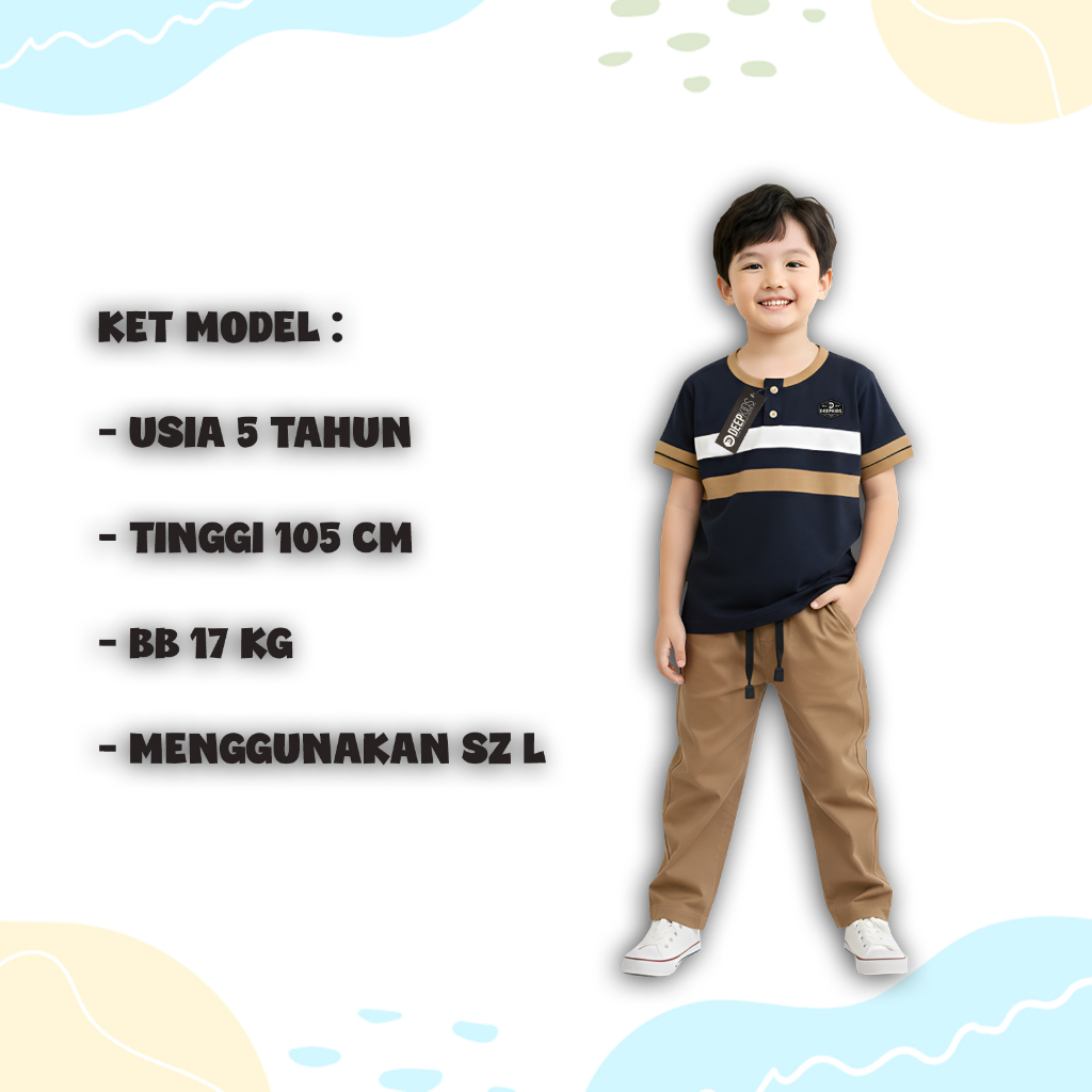 Deepkids Setelan Anak Laki Kaos Kerah Kancing Celana Chinos Panjang Bahan Cotton - foto 3