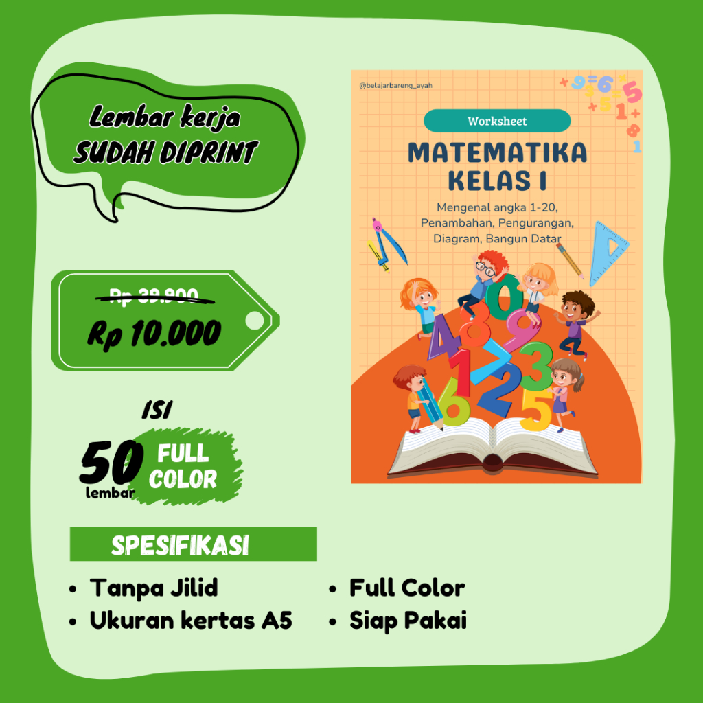 Jual Worksheet Matematika Kelas 1 SD 50 Lembar Full Color sudah diprint ...