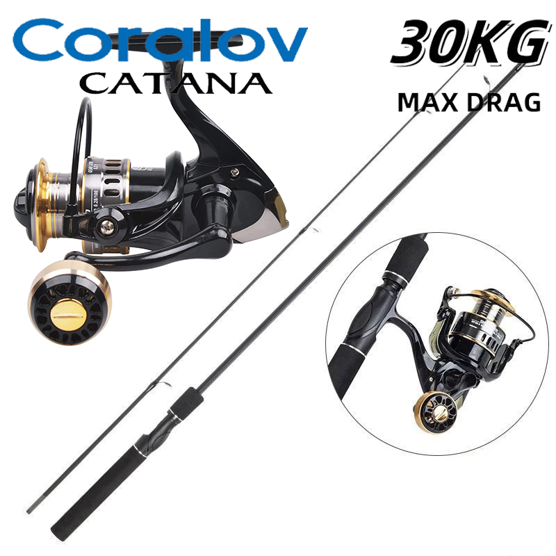 CORALOV pancing Set 1.65-2.1M Fishing Rod with 5.2:1 Reel Combo for Bass with lure Hook Fishing Tackle Setelan Spinning Reel Pancing Joran rod