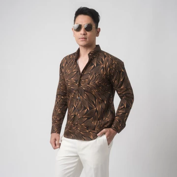 VENGOZ Atasan Kemeja Pria Printing Slim Fit Gold Leaves LS