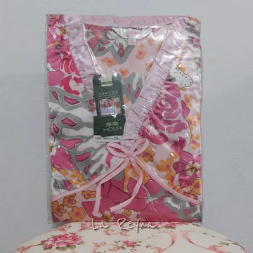 Piyama Lengan Panjang Satin Halus Model V Neck Flower PY001