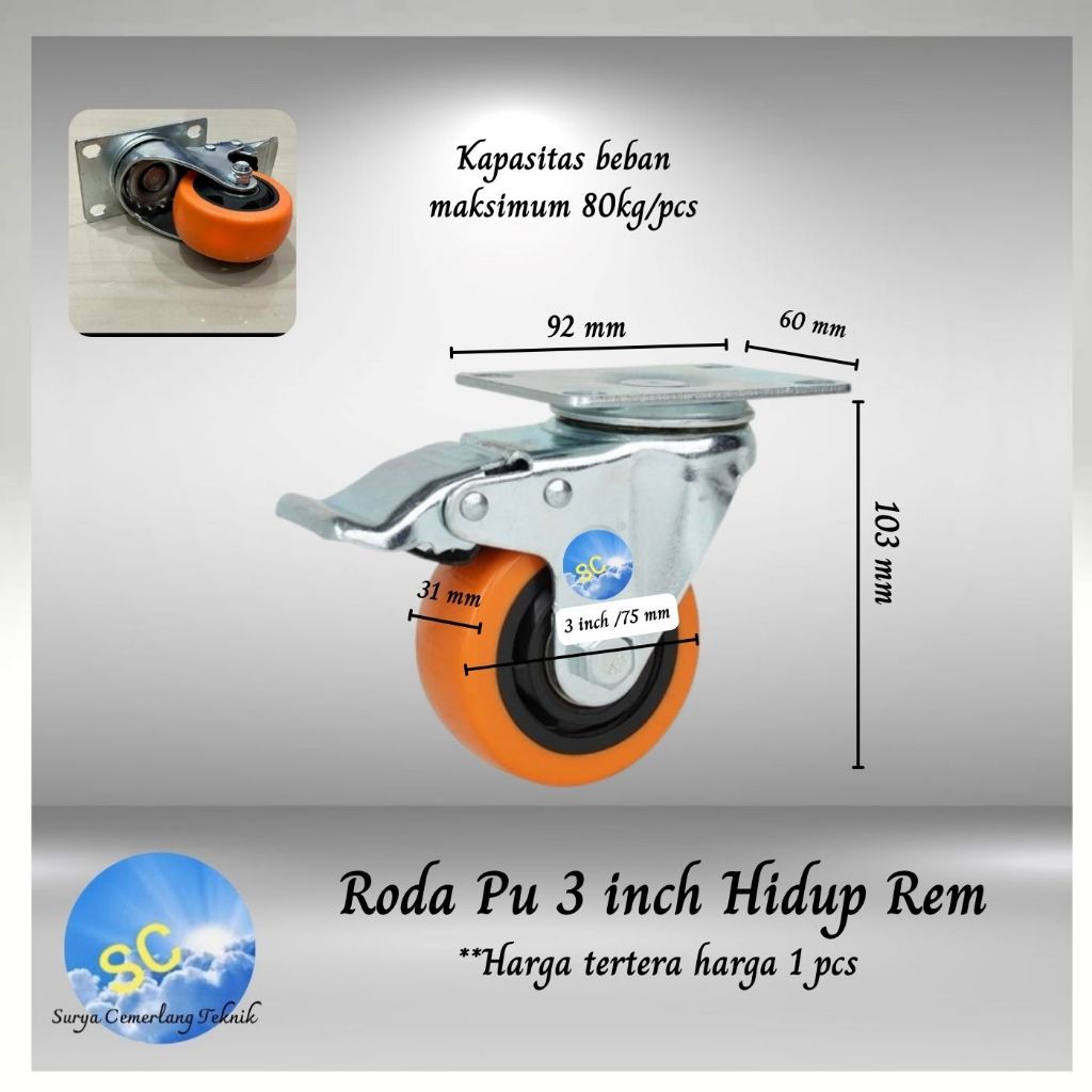 Jual Roda Troly Troli PU 3 inch hidup rem Double Bearing caster castor ...