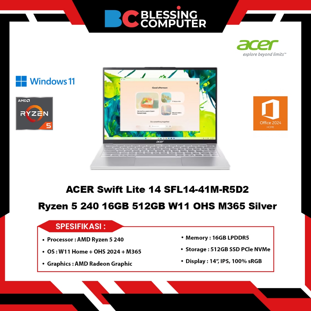 Jual ACER Swift Lite 14 SFL14-41M-R5D2 Ryzen 5 240 16GB 512GB W11 OHS ...