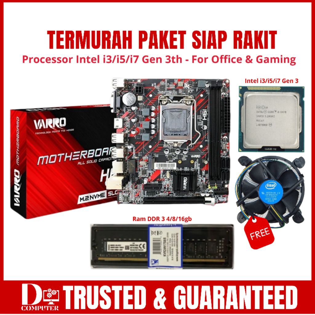 Jual Paket MOTHERBOARD VARRO H61 PLUS / H61+ Gratis Fan Processor Intel ...