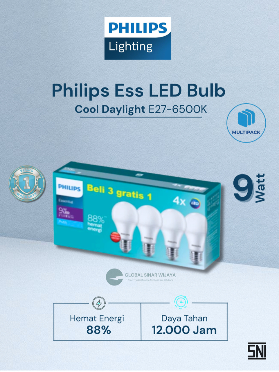 Jual Philips Ess LED Bulb 9W E27 230V 4CT/3 ID Cool Daylight 6500k ...