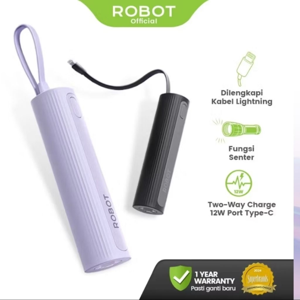 Robot Powerbank RT-051C/RT-051L Powerbank Mini Travel 5000mAh 18.5W With Kabel Type-C/Lightning Fungsi Senter Garansi 12bulan