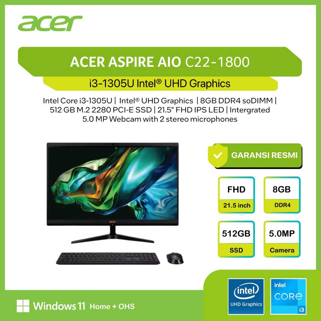 ACER PC AIO All In One Aspire C22 1800 i3 1305U/I5 13420H 8GB 512GB SSD W11 OHS 21.5" FHD