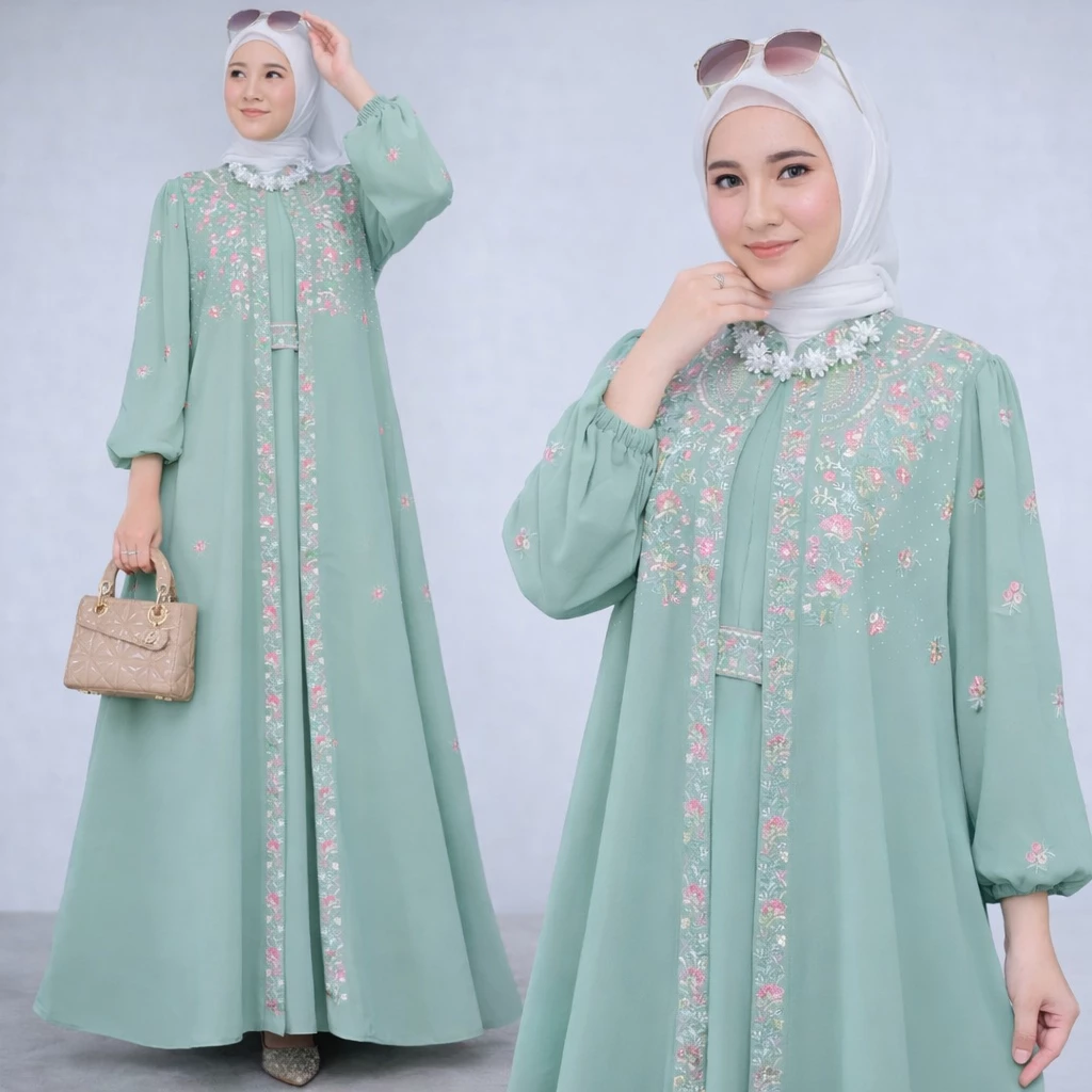 Gamis Muslim Wanita Ceruty Babydoll Mix Bordir Lebaran Kondangan detail akhir