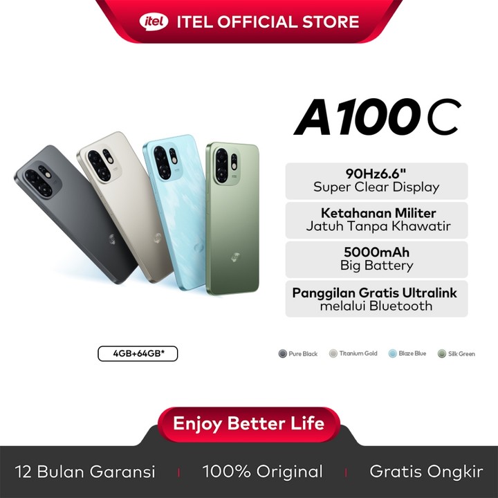 itel A100C 4+64GB Layar 6.6" 90Hz Tahan Banting Military-Grade Big Memory UltraL