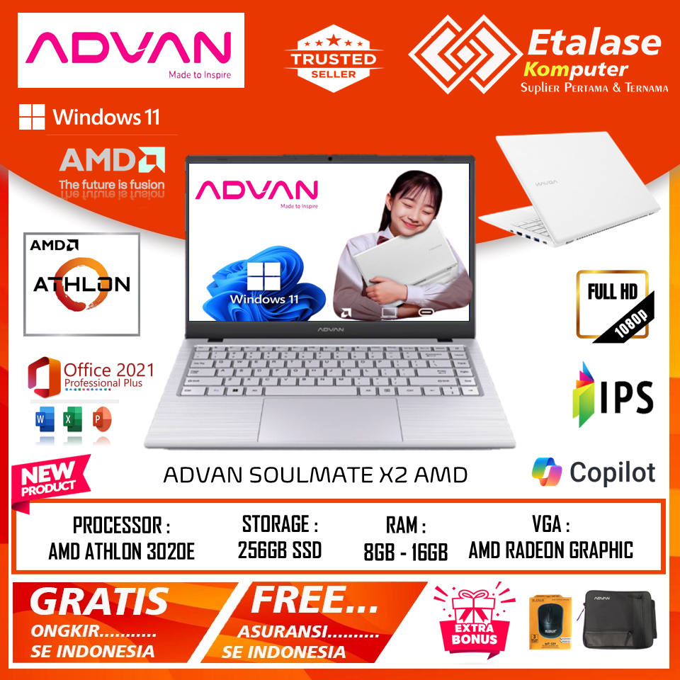Jual Laptop Advan Soulmate X2 AMD 3020E RAM 16GB 512GB SSD 14inc FHD ...