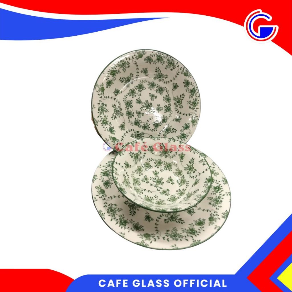 Dinner Set Keramik Garland I Mangkok Piring Keramik Motif Bunga Hijau I Keramik Tableware Sakato - Harga Satuan