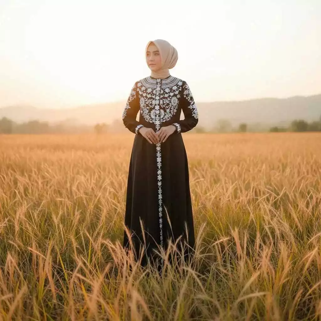Gamis Bordir Tuqba Swaroski Bahan Katun Toyobo detail bahan katun Toyobo