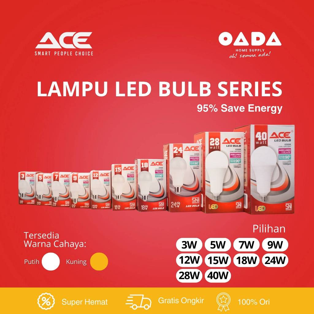 Jual ACE Lampu LED Bulb 3W 5W 7W 9W 12W 15W 18W 24W 28W 40W Bohlam ...