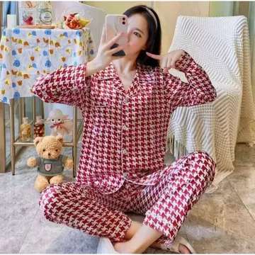 Baju Tidur Piyama Wanita Pp Satin Silk Adem Import Berkualitas Motif Kra Kancing Lima Lengan