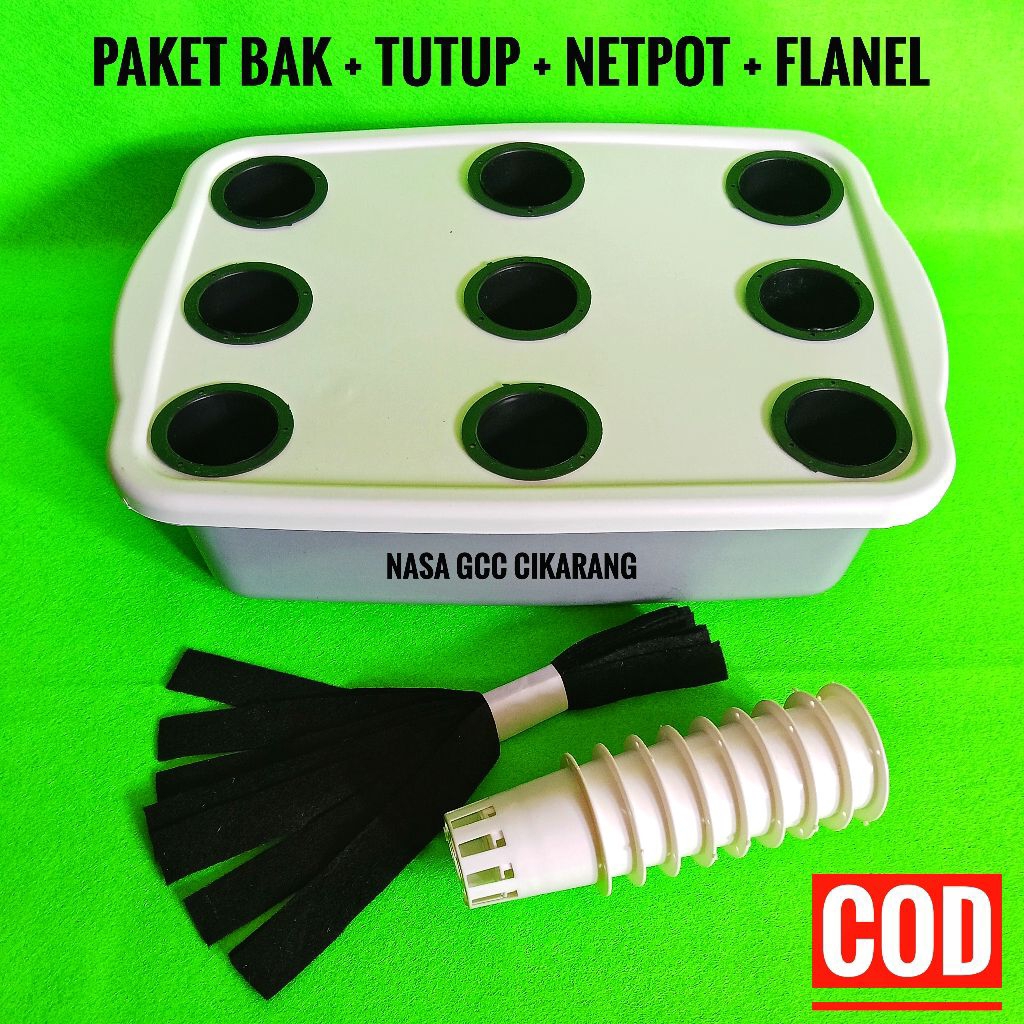 Paket Bak dan Tutup 9 Lubang+Netpot+Flanel Paket Bak Hidroponik lengkap