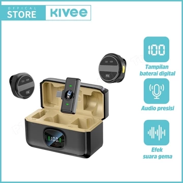 KIVEE Mic Wireless Clip On 2 In 1 KV UR37 Black Noise Cancelling Magnetik Kuat For Vlog Live