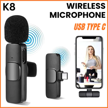 MS K8 Mic Wireless Clip On Konten Kreator Microphone Lavalier HP USB Type C Plug Play