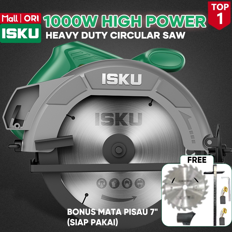 ISKU Circular Saw 185mm 1000W Mesin Gergaji Kayu Listrik Motor Tembaga Murni 5000RPM Konstruksi Bekisting Potong Sudut 45 Derajat Presisi Heavy Duty Industri Furniture Alat Potong Multiplex Papan Tebal Base Plate Besi Kokoh Awet