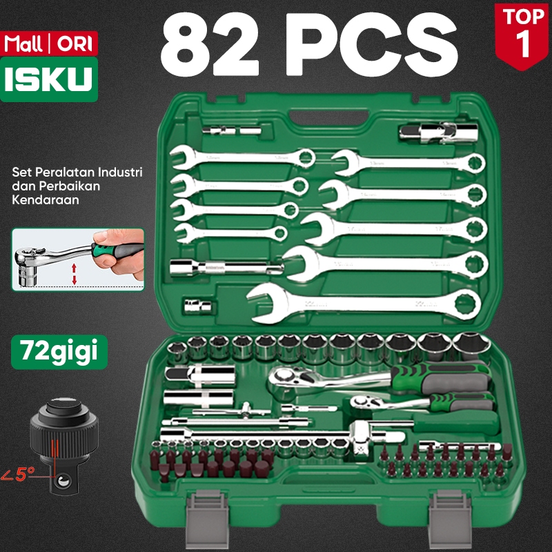 ISKU Tool Kit Kunci Sok Set 82 Pcs Gagang Ratchet 72 24 Gigi Kunci Pas Ring Mata Sok 1/2 1/4 Inch Toolbox Alat Bengkel Motor Mobil Perbaikan Otomotif Baja CR-V Heavy Duty Anti Slek Torsi Badak Wrench Set Lengkap Tahan Banting