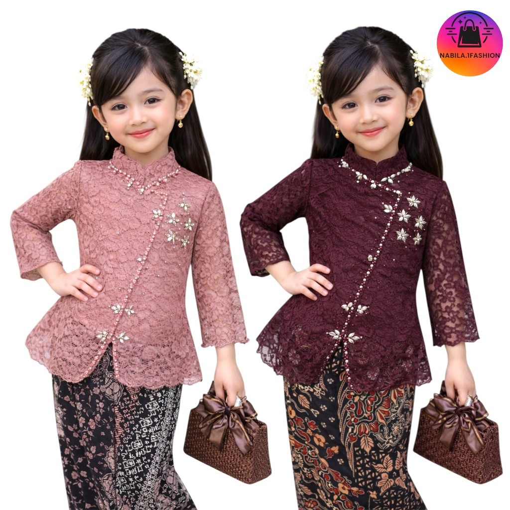 Set Kebaya Anak Perempuan Brokat Payet Batik 5-12 Tahun Banyak Warna LD 72-84cm