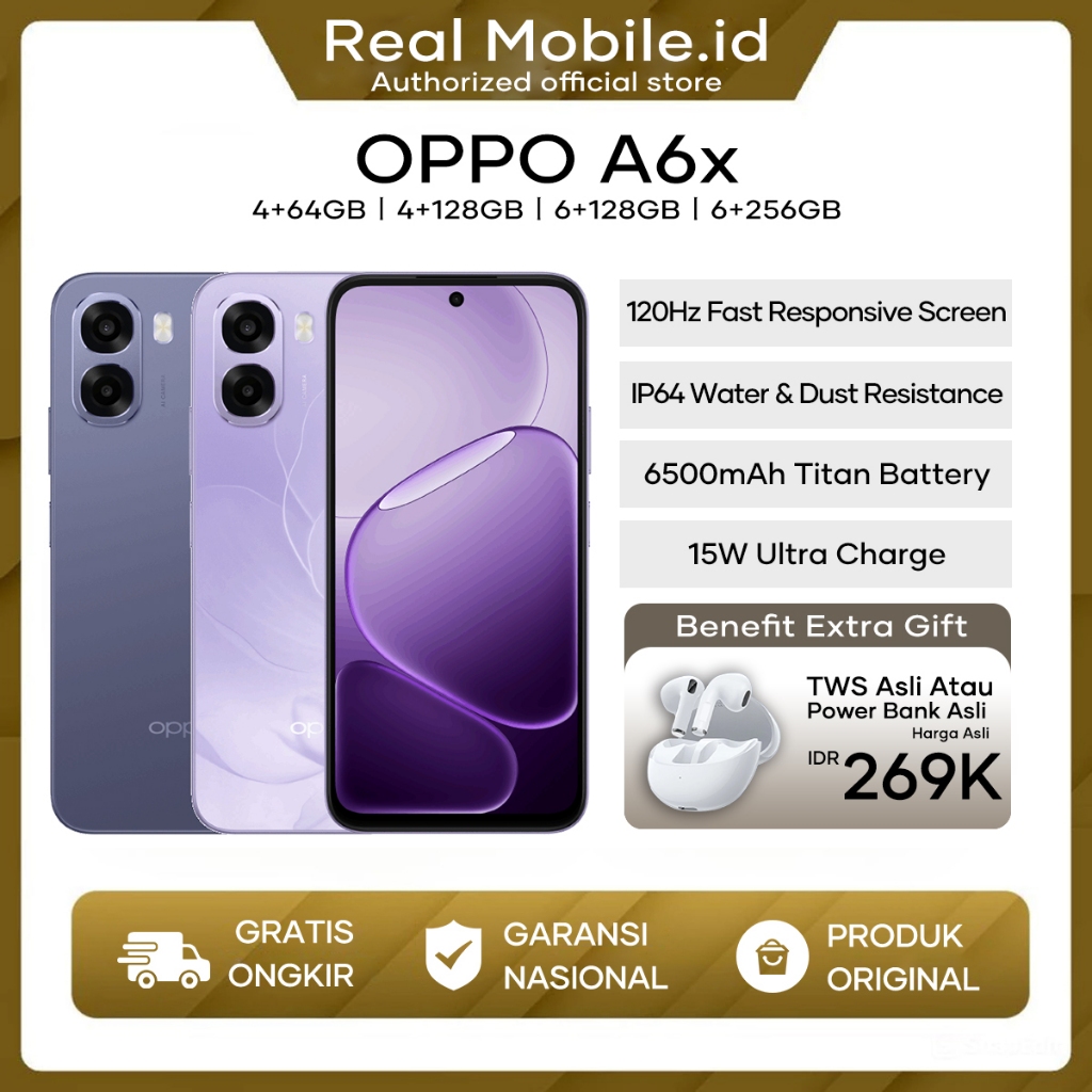 [Official Store] OPPO A6x 4+64/6+128/6+256 6500mAh+15W IP64 Water & Dust Resistance Garansi Resmi