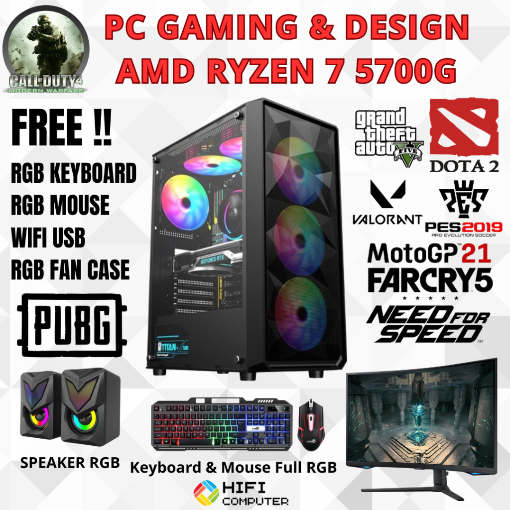 PC GAMING DESIGN AMD RYZEN 7 5700G RAM 32GB 3200MHz SSD NVME 1TB VGA RADEON 2GB SIAP PAKAI