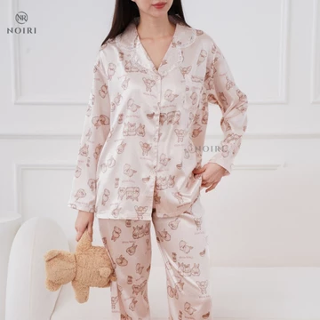 NOIRI Piyama Wanita Blue Bear Bunny Coquette Satin Premium Baju Tidur Lengan Panjang Elegan