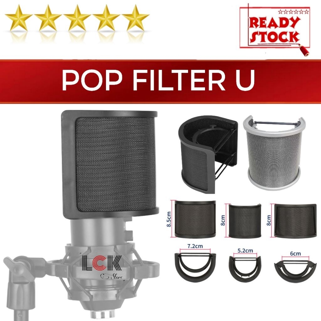 Jual Pop filter U Mesh with 3 layers filter for universal microphone ...