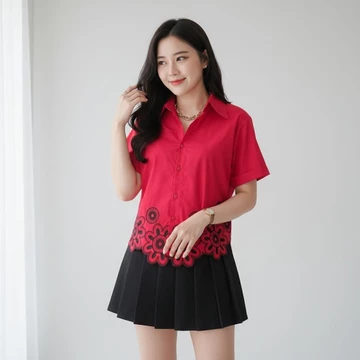 Rina Flower Basic Cotton Blouse Atasan Kemeja Wanita Korean Style Basic Lengan Pendek
