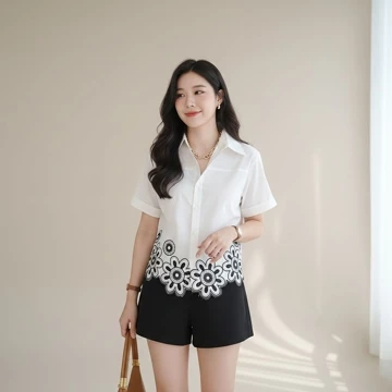 Rina Flower Basic Cotton Blouse Atasan Kemeja Wanita Korean Style Basic Lengan Pendek