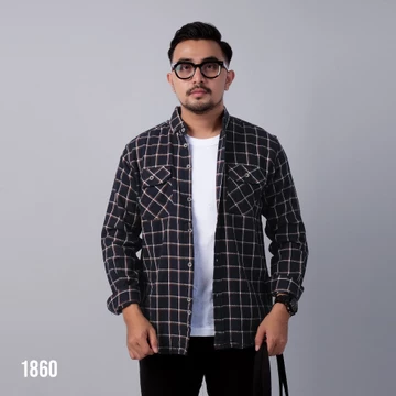 DGM Kemeja Flanel Pria Lengan Panjang Hitam Kotak Navy Garis Kuning Kemeja Pria Flanel Pria