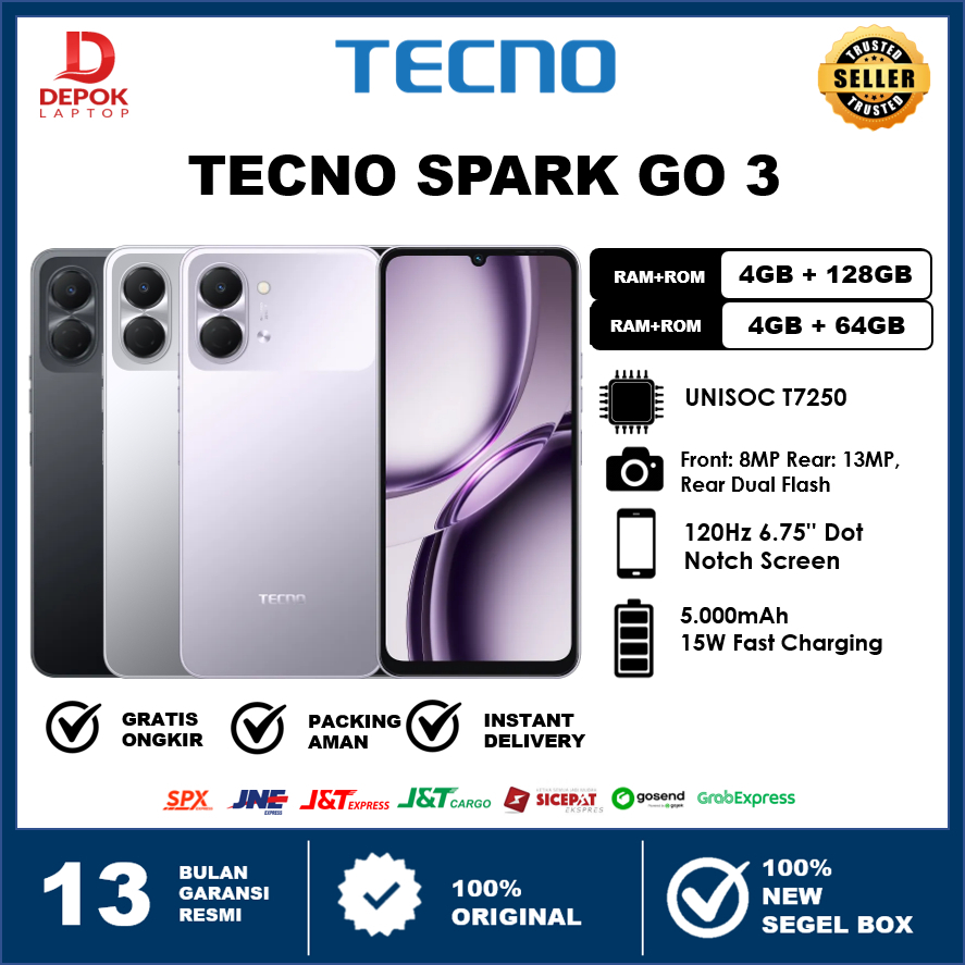 TECNO SPARK Go 3 4GB+4GB*/128GB | 6.75" HD+ 120Hz Smooth Display | 5000mAh 15W | IP64 |Garansi Resmi
