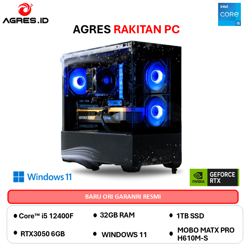 AGRES CRYOLITE PC I5 12400F RTX 3050 6G - RAM 32GB 1TB WIFI + BT RAKITAN PC GAMING