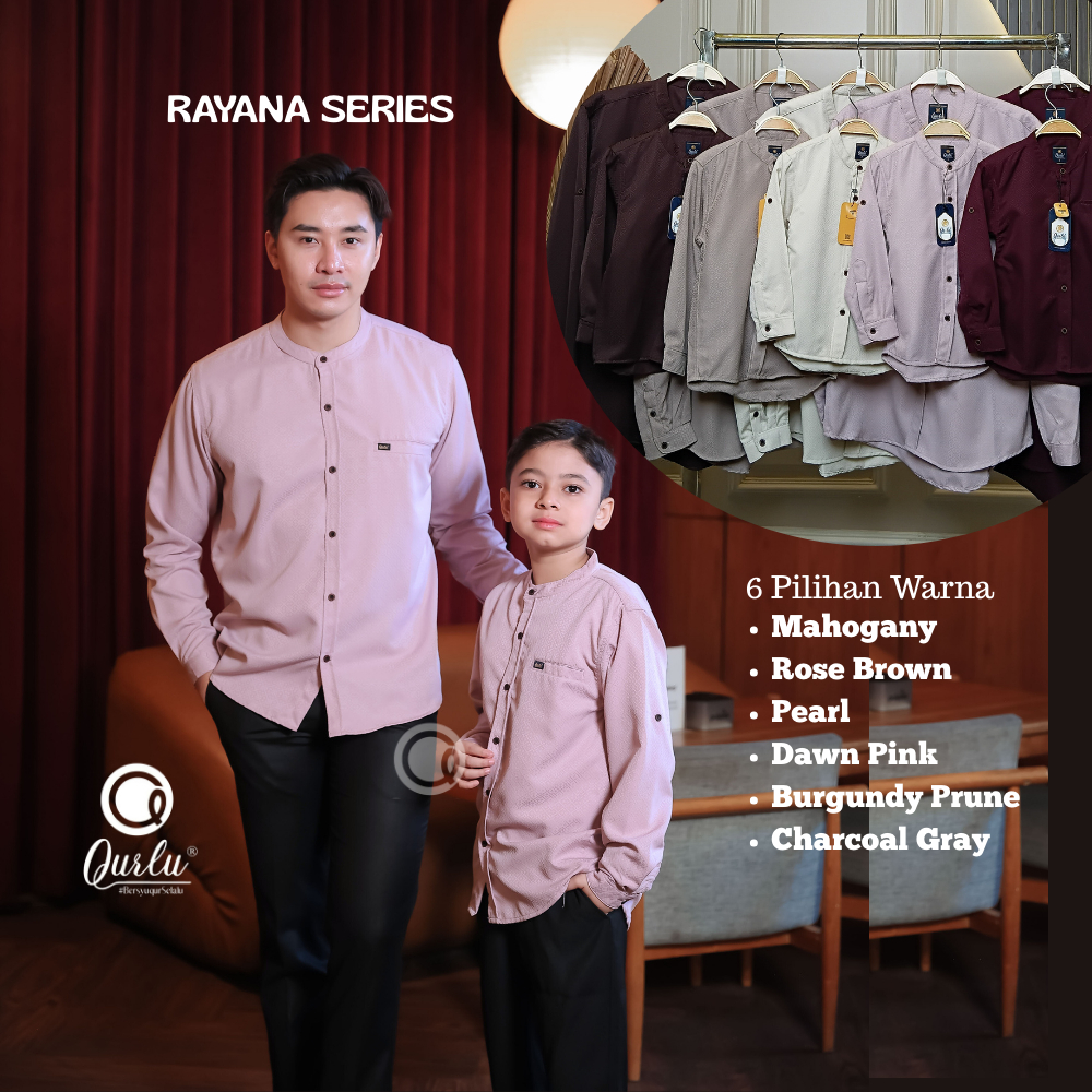 Qurlu - Kemeja Koko RAYANA DOBBY Dewasa/Anak Lengan PANJANG (baju couple ayah dan anak laki-laki) Baju Koko Pria