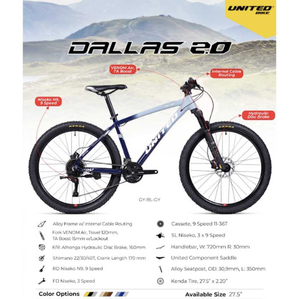 SEPEDA GUNUNG MTB 27.5 INCH UNITED DETROIT 4.1 / DETROIT 4.2 / DETROIT 2.0 ALLOY REM HYDRAULIC / UNITED DALLAS 381 / UNITED DALLAS 2.0 FORK VENOM AIR