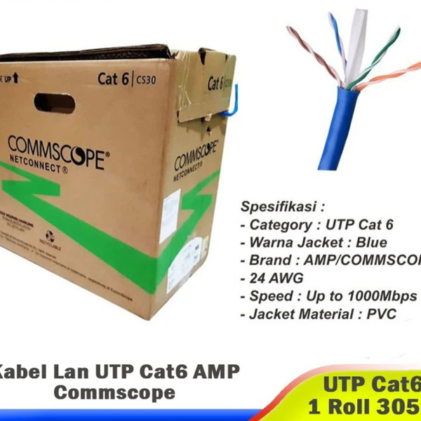 Jual Kabel UTP LAN AMP Commscope Cat 6 Original Biru Blue 1 Roll 305m ...
