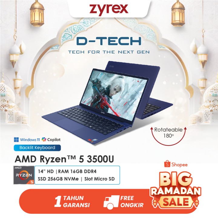 Laptop ZYREX D-TECH AMD Ryzen 5 3500U – RAM 16GB, 256GB SSD NVMe, 14 Inch HD, Wi