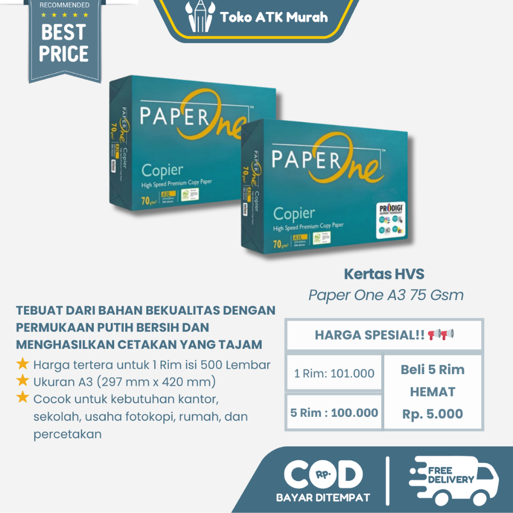 Jual Kertas HVS A3 75 Gsm Paper One ( 1 Rim Isi 500 Lembar ) - Kertas ...
