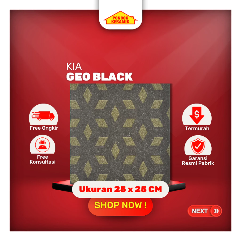 Keramik Lantai Kamar Mandi  KIA 25x25 Geo Black Matt Kasar Warna Hitam Motif Elegant Anti Slip