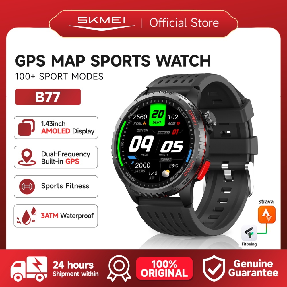 [Ketegangan stok] SKMEI B77 Smartwatch GPS Map Amoled 3ATM  Waterproof Compass Bluetooth Call Altitude Air Pressure jam olahraga  Smart