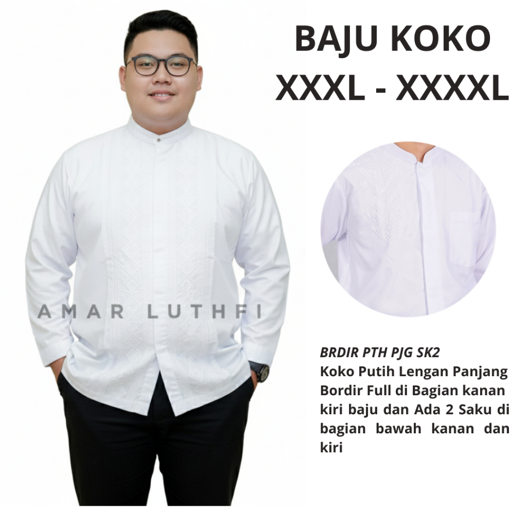 Baju Koko Jumbo Putih Bordir Putih Senada Lengan Panjang Koko XXXXL Tasik Dewasa Termurah