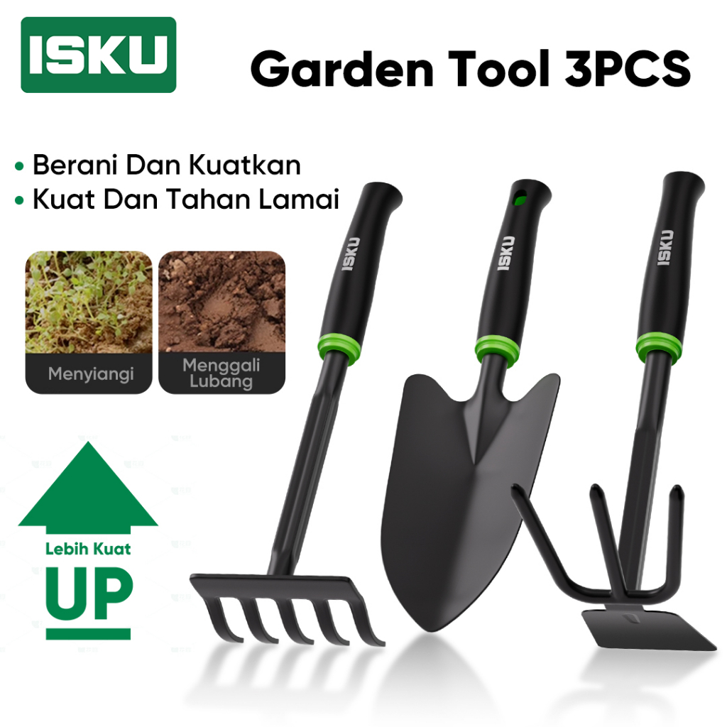 ISKU Alat Kebun Set 3in1 Sekop Cangkul Garpu Taman (Gardening Tools) Baja Karbon Anti Karat Gagang Karet Penggaruk Tanah Gali Lubang Cabut Rumput Gulma Perawatan Tanaman Hias Pot Bunga Pertanian Berkebun Serbaguna Awet