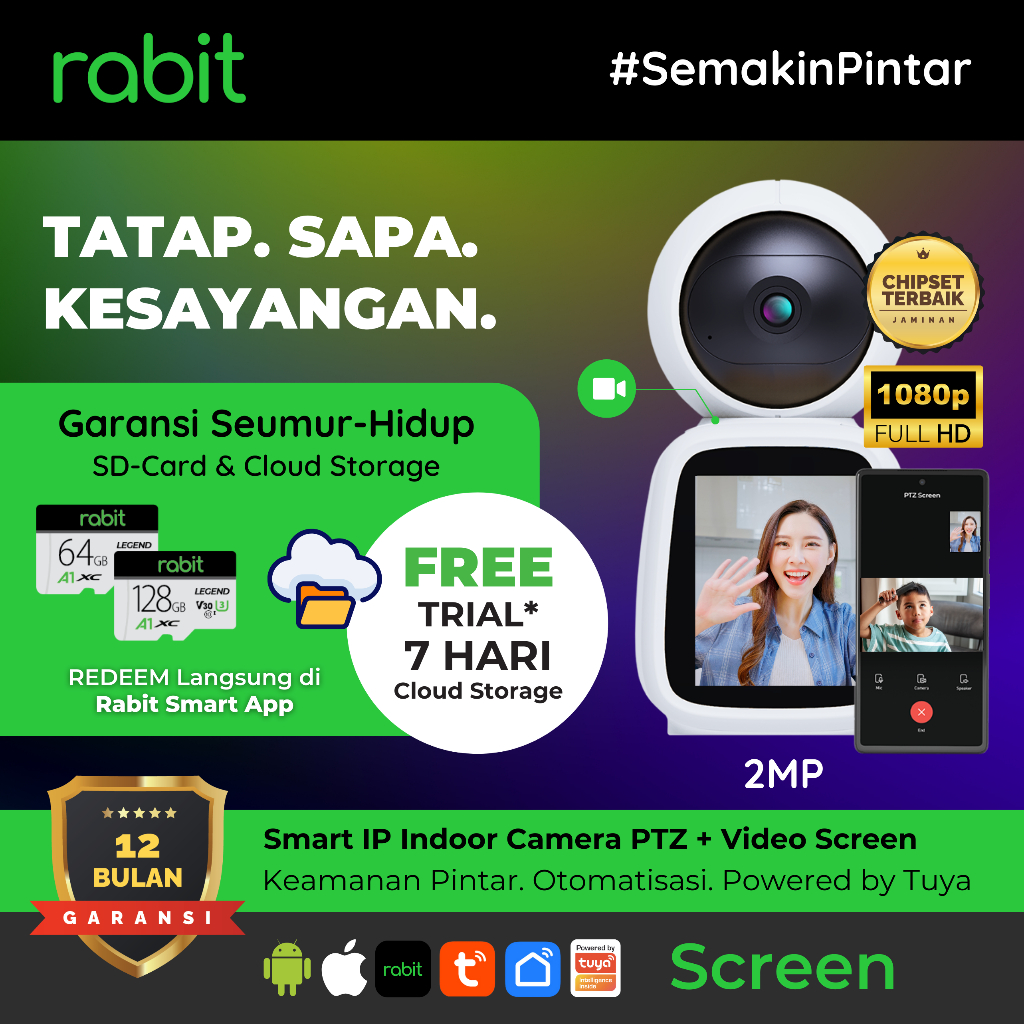 Jual RABIT SMART IP CCTV WIFI CAMERA INDOOR PTZ SCREEN FULL HD