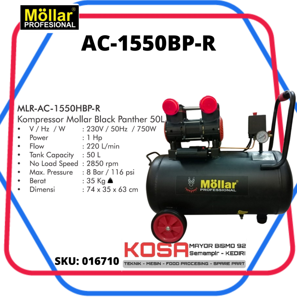 Jual MOLLAR AC 1550BP Kompresor Oilless 50L 1hp Mollar Kompresor tanpa ...