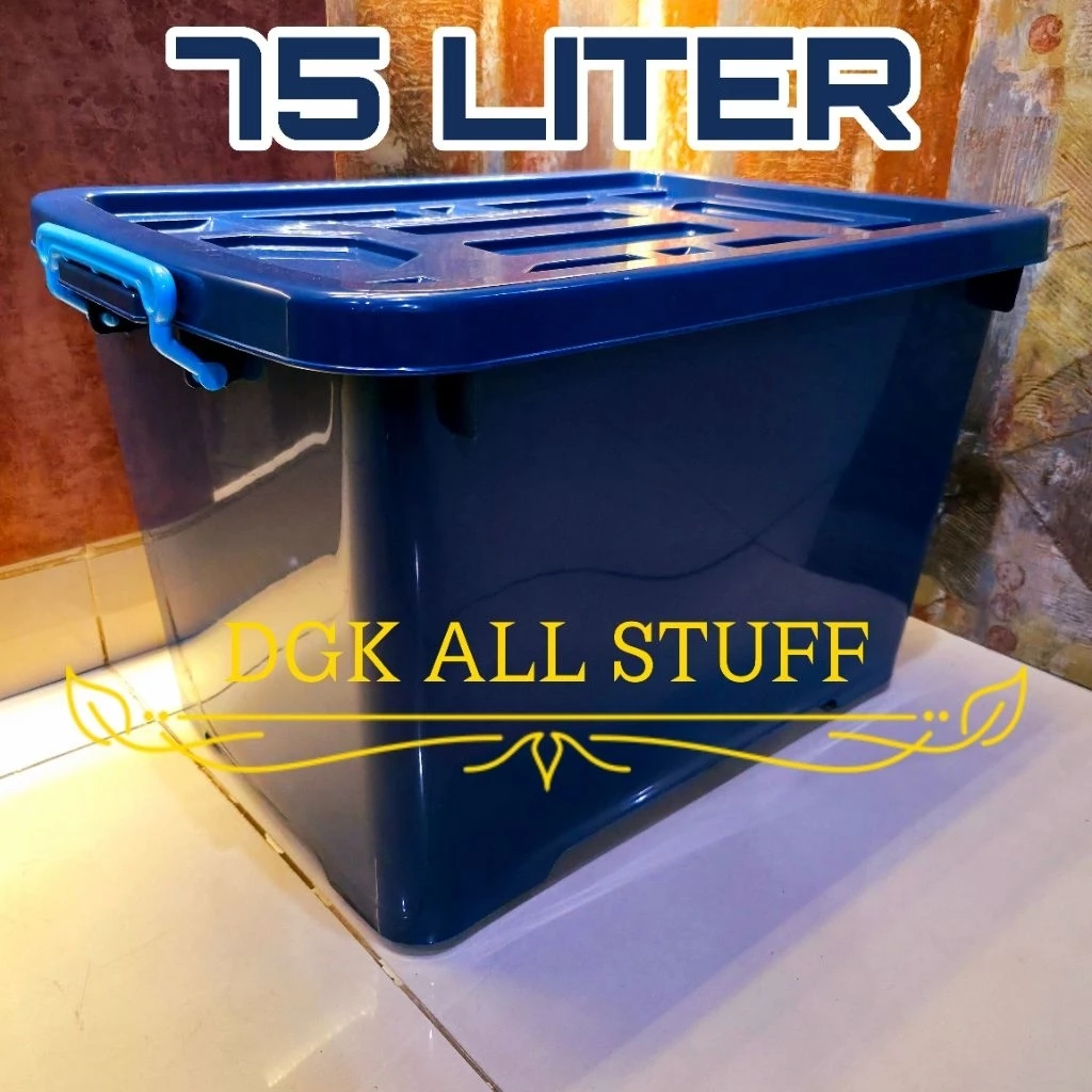Kontainer Container Box Kotak Tempat Penyimpanan Pindahan Baju Pakaian Perkakas Serbaguna 75 Liter 75L 75 L Plastik Sedang Besar Tebal Kuat Kokoh Antipecah Anti Pecah Dengan Roda Beroda Warna Hitam Gelap Biru Tua Premium Estetik Aesthetic Minimalis Murah