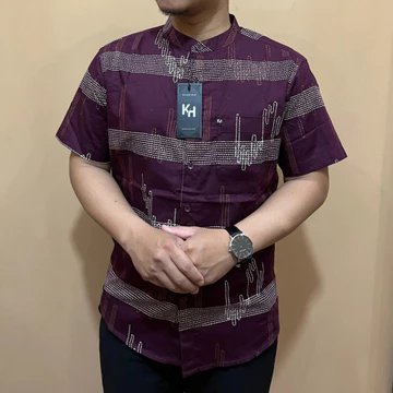 Kemeja KH Lengan Pendek Pria Dewasa Motif Grafis Slimfit Kerah Sanghai