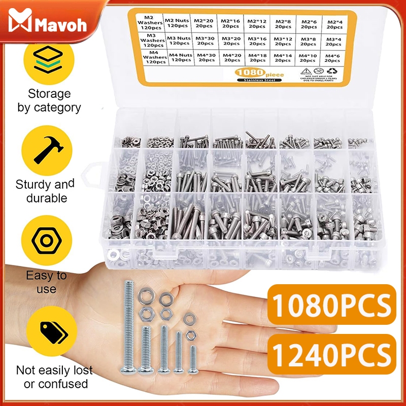 Jual 1080PCS Mur dan Baut Set Stainless Steel M2 M3 M4 Kepala Datar Hex ...